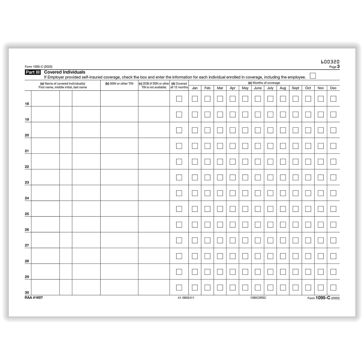 TFP Form 1095-C “IRS” Continuation Copy Employer-Provided Health Insurance Offer And Coverage - Pack of 100