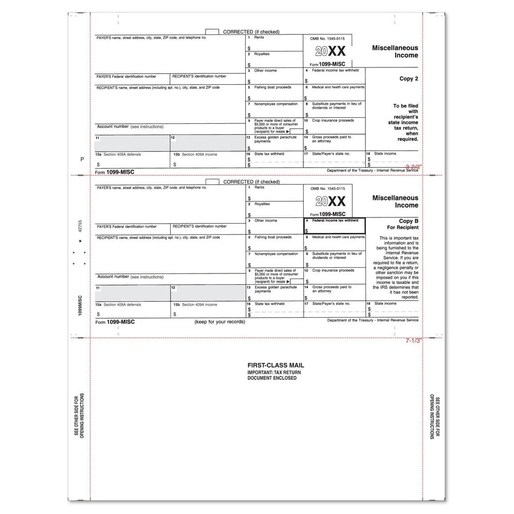 8-1/2" x 11" Z Fold 1099 Misc Tax Forms (Box of 500) - Image 2