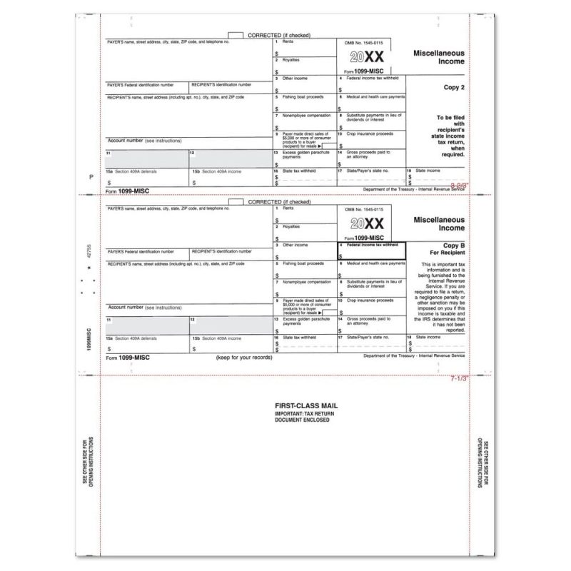 8-1/2" x 11" Z Fold 1099 Misc Tax Forms (Box of 500)