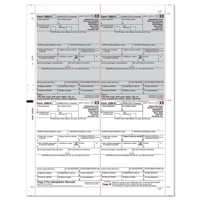 8-1/2" x 11" V Fold 1099 R Tax Forms (Box of 500)
