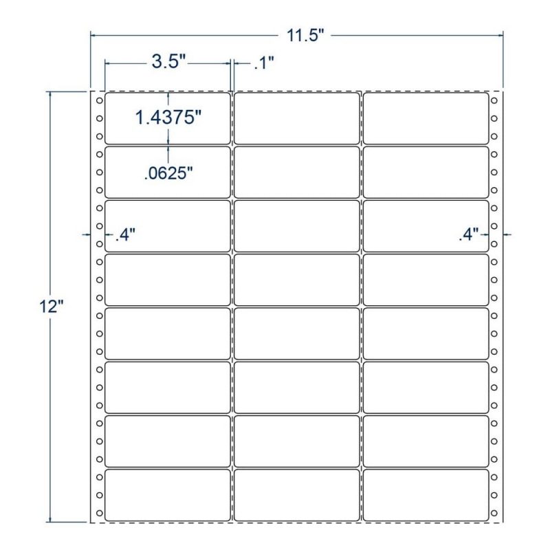 3.5" x 1.4375" Three Across White General Purpose pinfeed Labels (15000 Labels Per Carton)