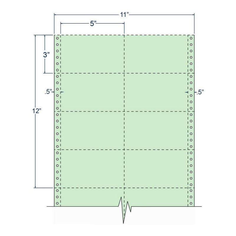 5" x 3" Green pinfeed Index Cards, Perfed, Two Across. (8,000 Cards per Carton)