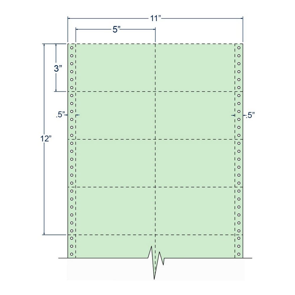 5" x 3" Green pinfeed Index Cards, Perfed, Two Across. (8,000 Cards per Carton)
