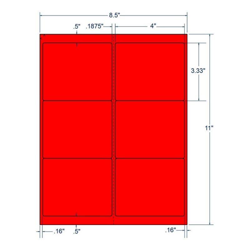 4" x 3.33" Fluorescent Red Laser Printer Shipping Label, 6 Labels per Sheet (100 Sheets per Carton)