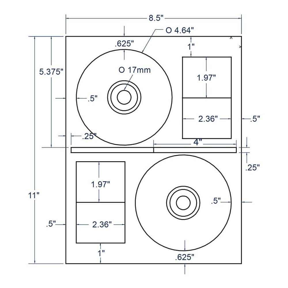 4.64" x 4.64" White CD Donut Label with Hub Cap, 2 Labels per Sheet (100 Sheets per Carton)