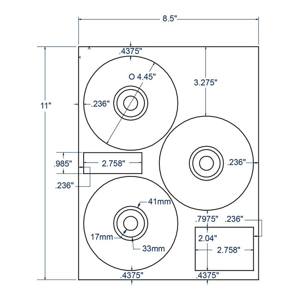 4.45" x 4.45" White Inkjet/Laser CD Label with Hub Cap, 3 Labels per Sheet (100 Sheets per Carton) - Image 2