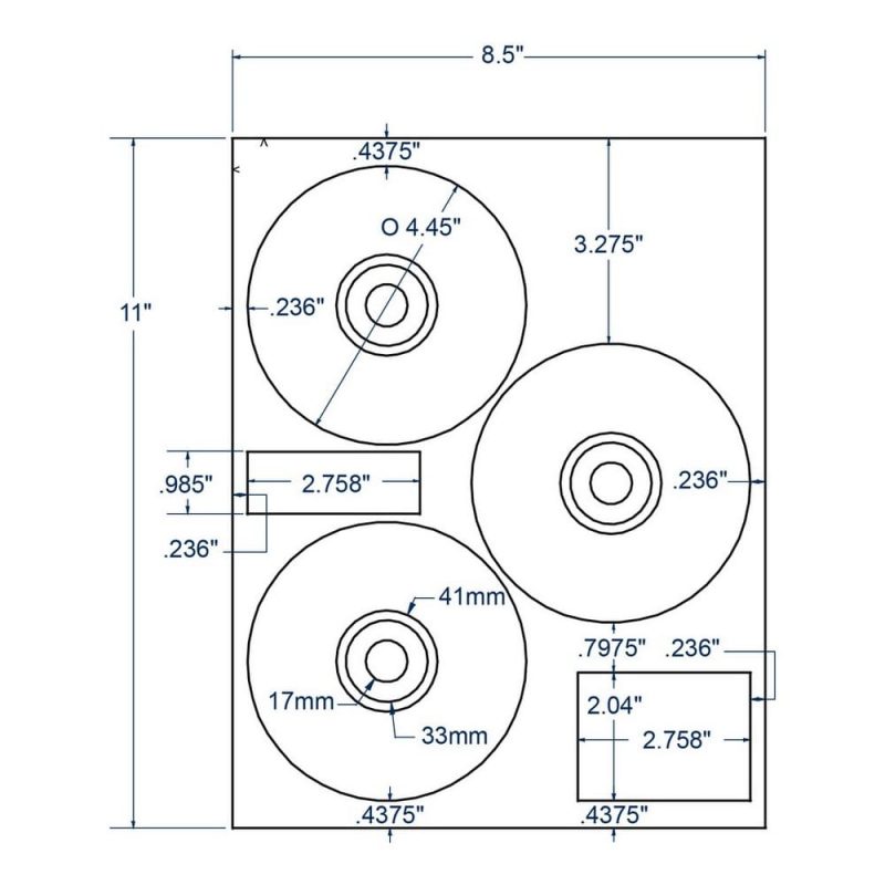 4.45" x 4.45" White Inkjet/Laser CD Label with Hub Cap, 3 Labels per Sheet (100 Sheets per Carton)