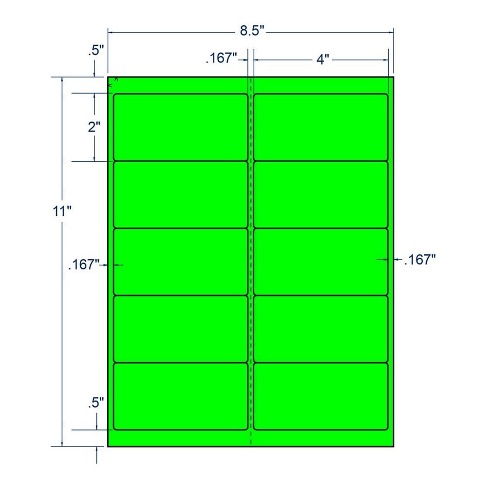 4" x 2" Fluorescent Green Shipping Label, 10 Labels per Sheet (250 Sheets per Carton)