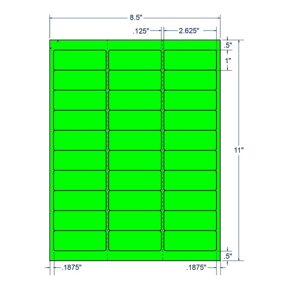2.625" x 1" Fluorescent Green Laser Printer Address Label, 30 Labels per Sheet (1000 Sheets per Carton)