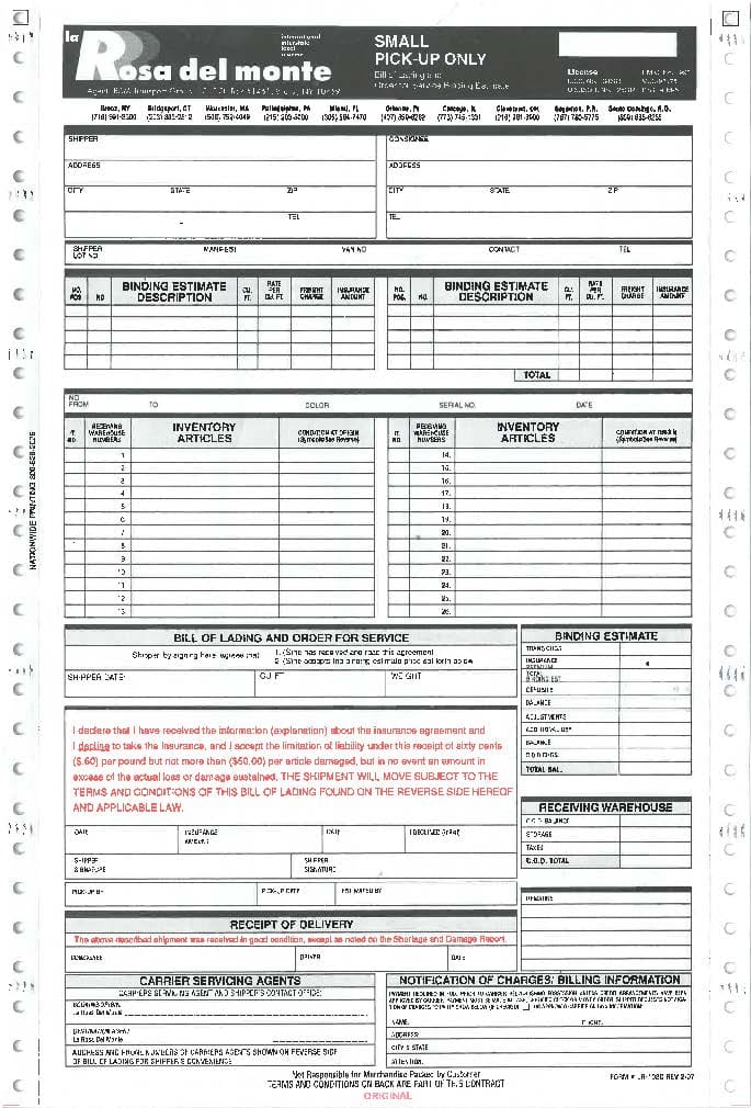 LRDM Small Pick-Up Only Bill of Lading and Order for Services Forms (35,000)