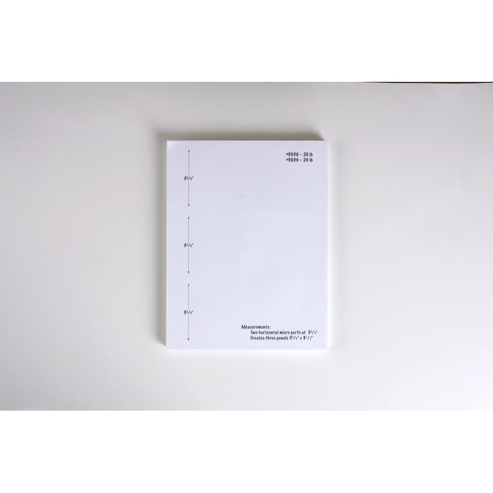 8-1/2" x 11" Laser Cut Sheet, 24# White Stock, 2 Horizontal Perforations 3-2/3" and 7-1/3" from Bottom (Carton of 2500) - Image 2