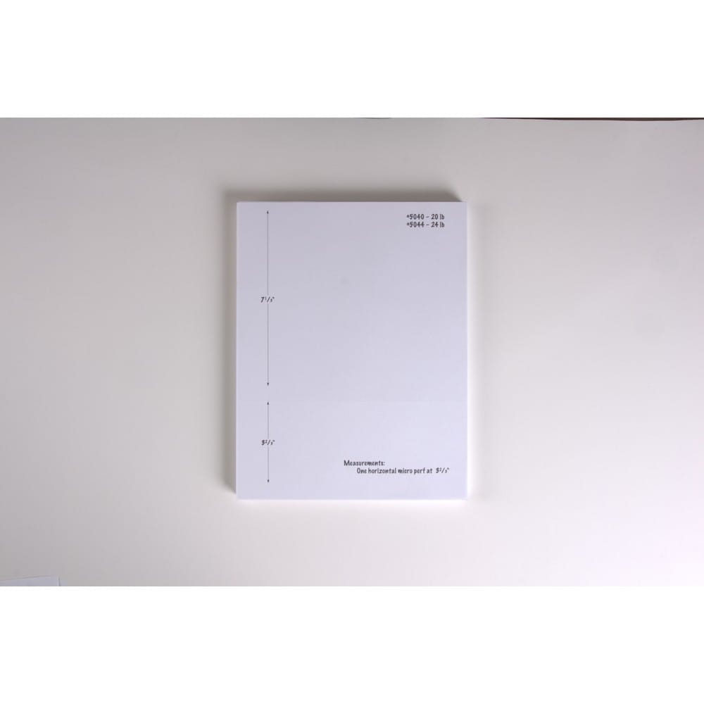 8-1/2" x 11" Laser Cut Sheet, 20# White Stock, 1 Horizontal Perforation 3-2/3" from Bottom (Carton of 2500) - Image 2