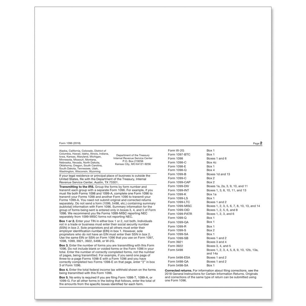 1096 Annual Transmittal For U.S. Information Returns (500 sheets) - Image 2