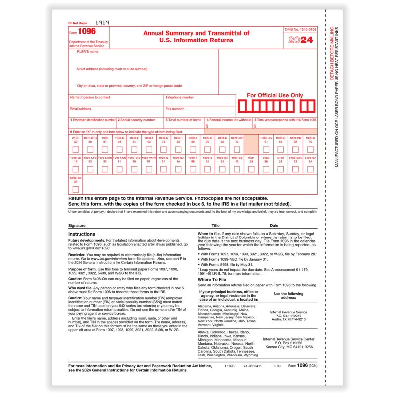 1096 Annual Transmittal For U.S. Information Returns (25 sheets)
