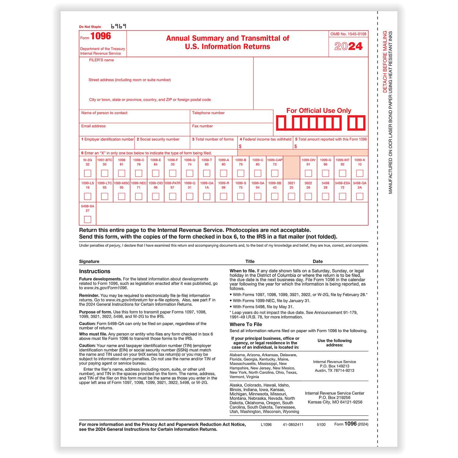 1096 Annual Transmittal For U.S. Information Returns (500 sheets)