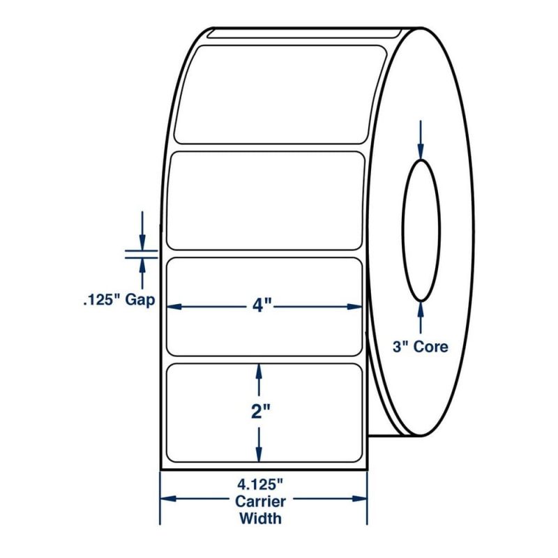 4" x 2" White Direct Print Thermal Labels, No Perforation. 2900 per roll (4 Rolls per Carton)