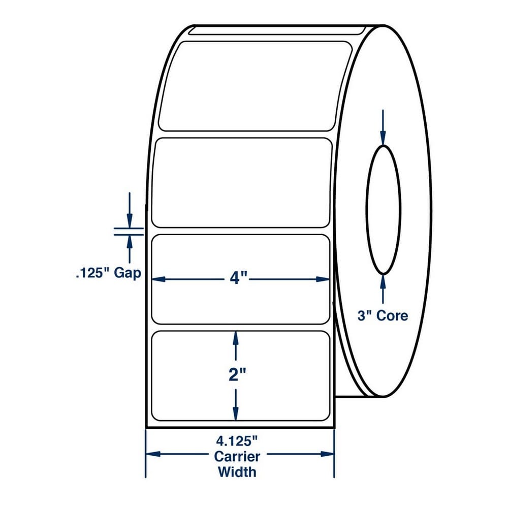 4" x 2" White Direct Print Thermal Labels, No Perforation. 2900 per roll (4 Rolls per Carton)