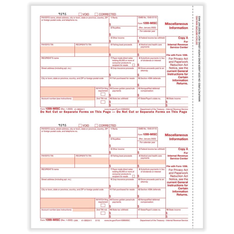 1099-MISC Federal Copy A, 50 sheets, 2 forms per sheet, 100 forms