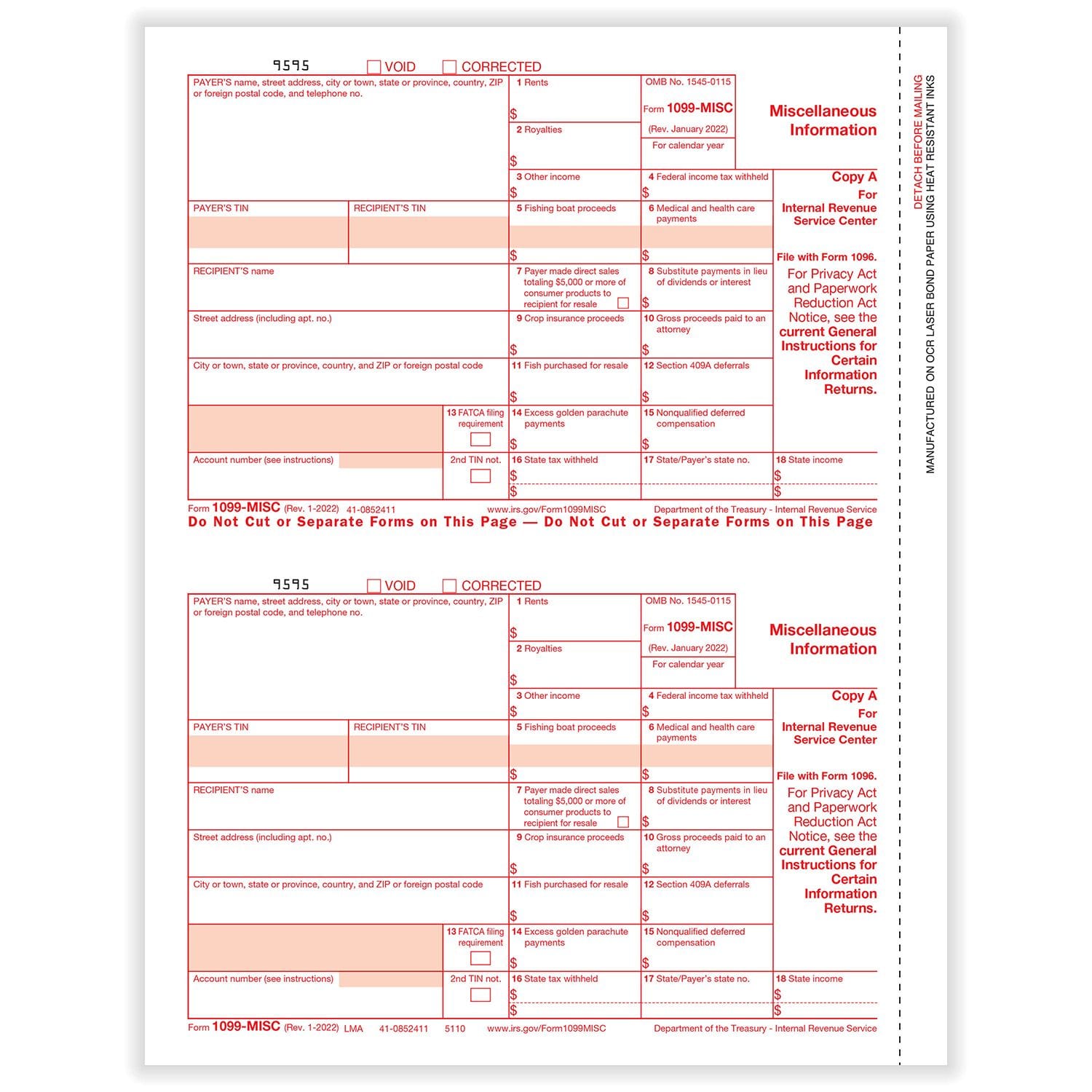1099-MISC Federal Copy A, 500 Sheets, 2 Forms per Sheet, 1000 Forms