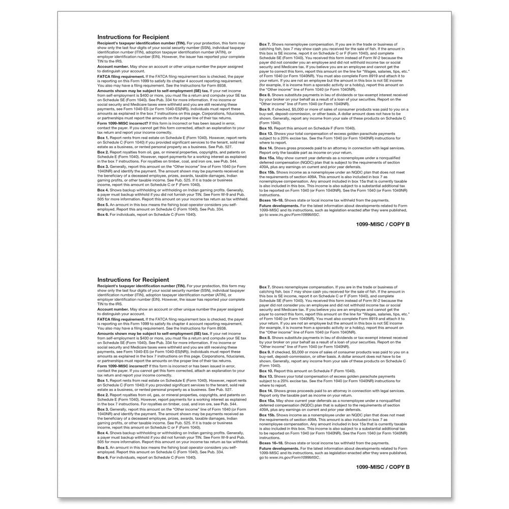 1099-MISC Recipient Copy B, 500 sheets, 2 forms per sheet, 1000 forms - Image 2