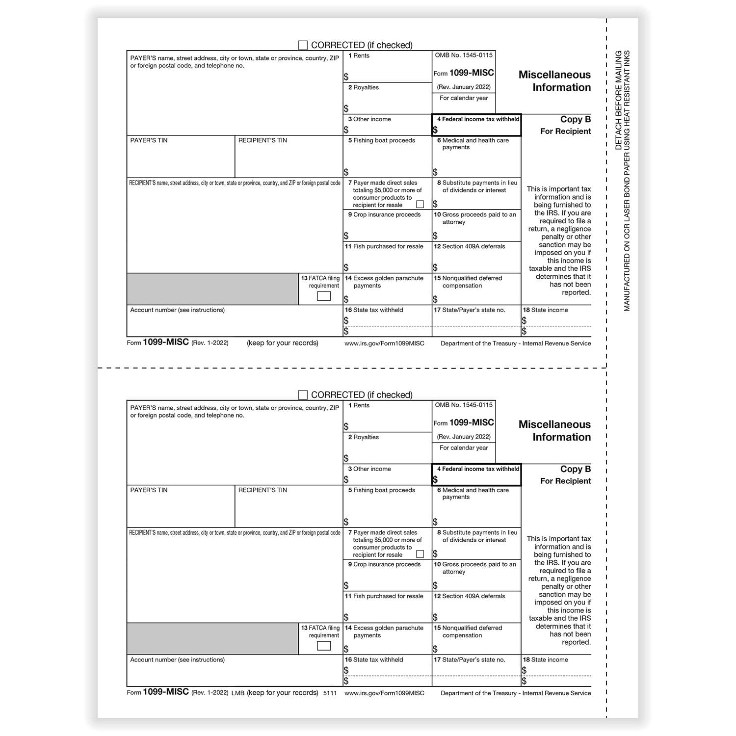 1099-MISC Recipient Copy B, 500 sheets, 2 forms per sheet, 1000 forms
