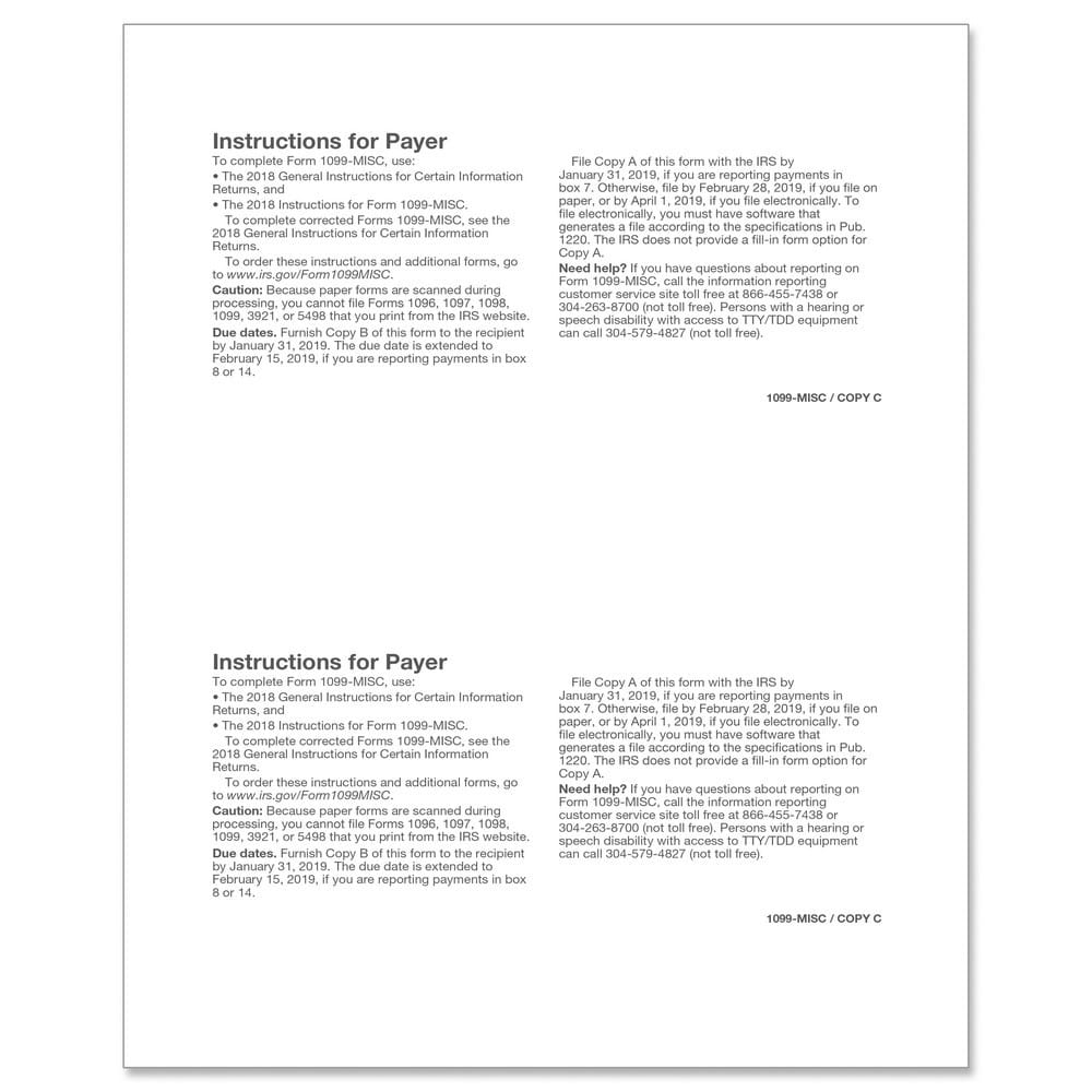 TFP 1099-MISC Payer Copy C and/or State Copy - Pack of 1000