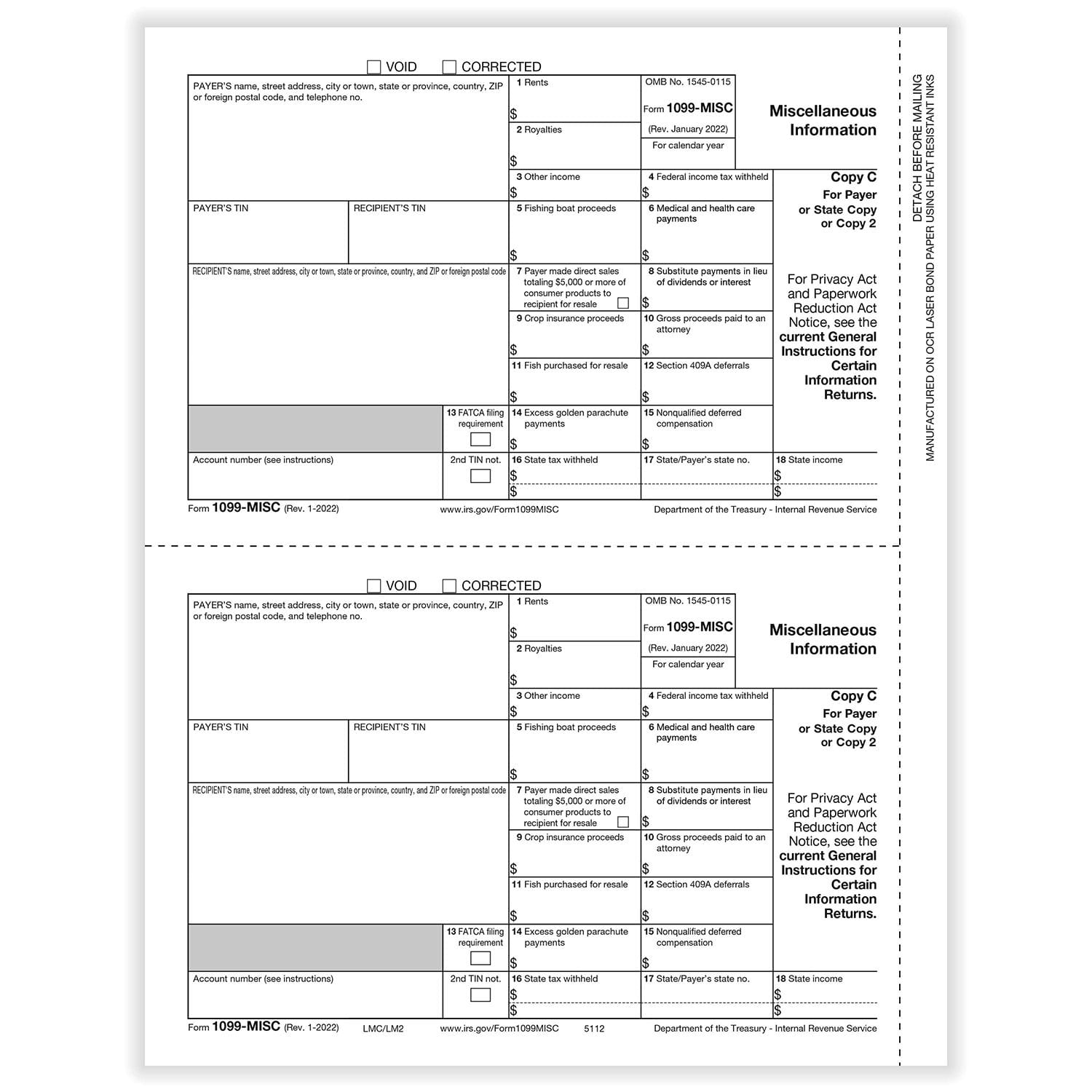 TFP 1099-MISC Payer Copy C and/or State Copy - Pack of 100