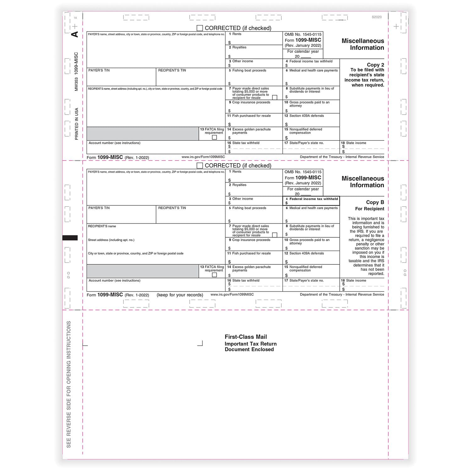 TFP 11" Printed 1099-MISC Copy B, 2 – Z-Fold Simplex - Pack of 500