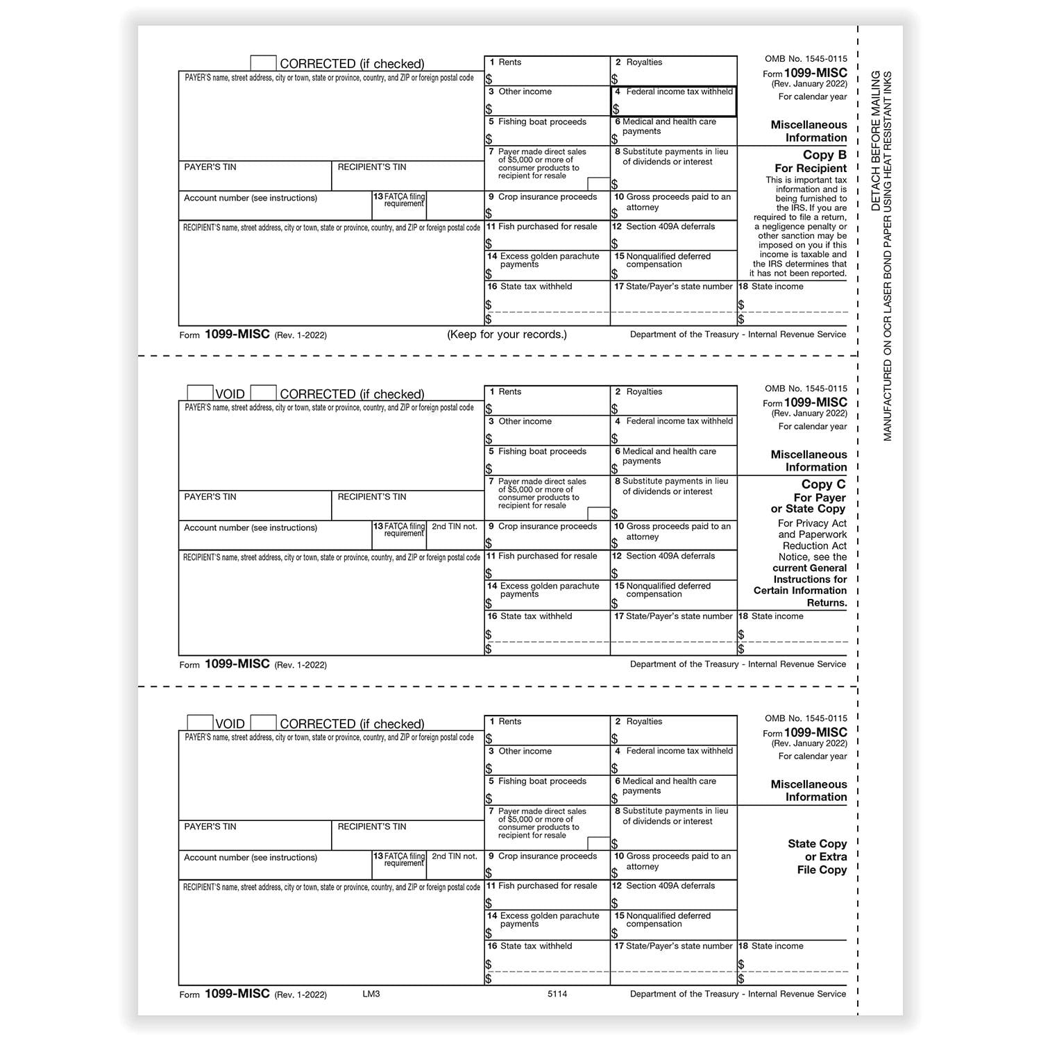 1099-MISC 3-Up Recipient Copy B and State or File Copy, 25 sheets, 1 forms per sheet, 25 forms