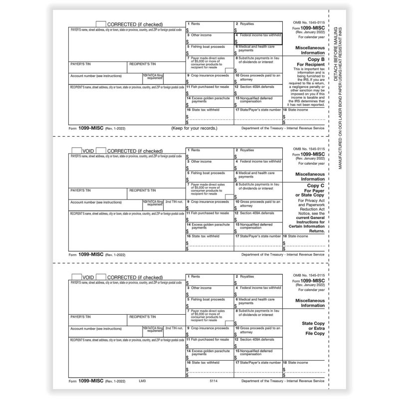 1099-MISC 3-Up Recipient Copy B and State or File Copy, 50 sheets, 1 forms per sheet, 50 forms