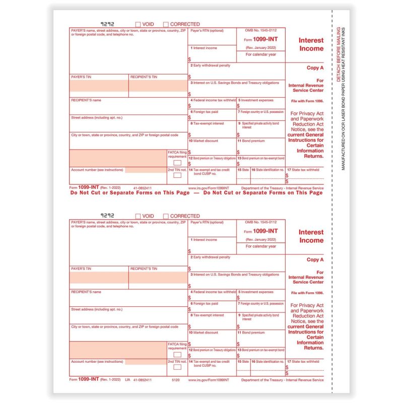1099-INT Federal Copy A, 500 sheets, 2 forms per sheet, 1000 forms