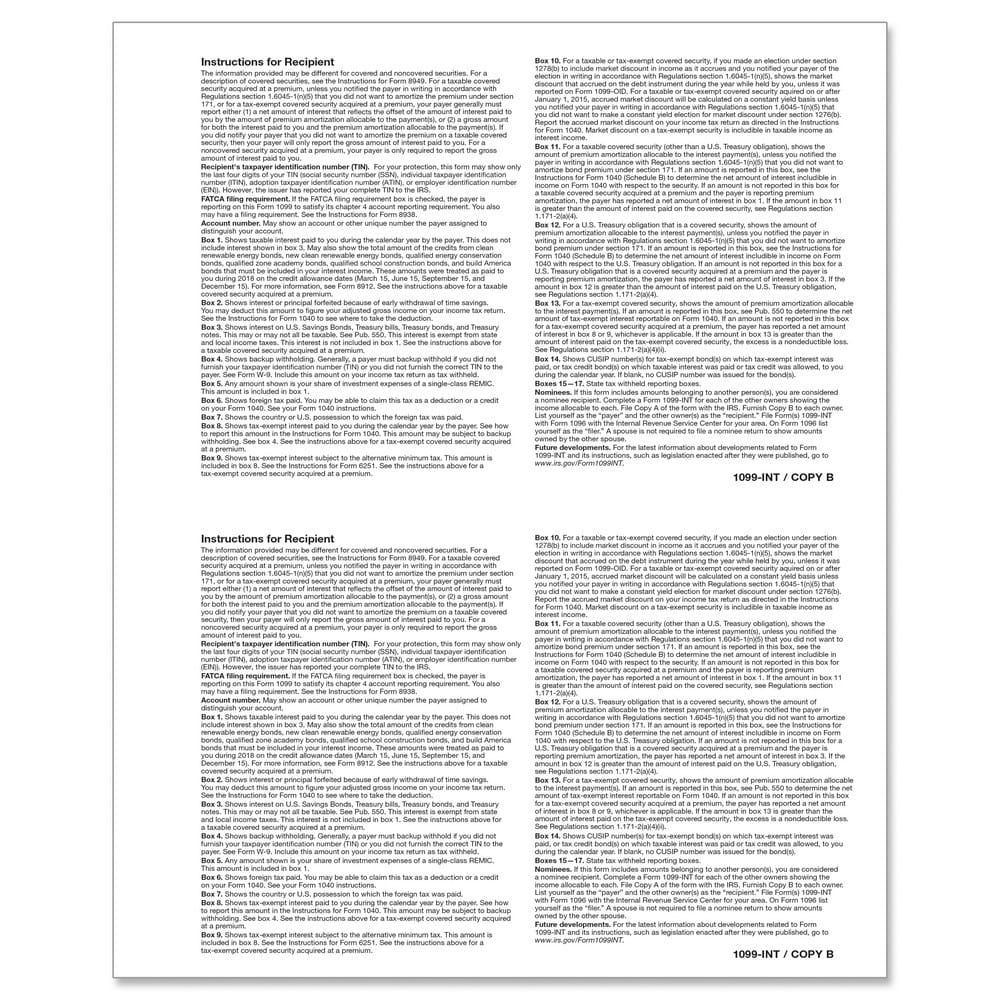 1099-INT Recipient Copy B, 500 sheets, 2 forms per sheet, 1000 forms - Image 2