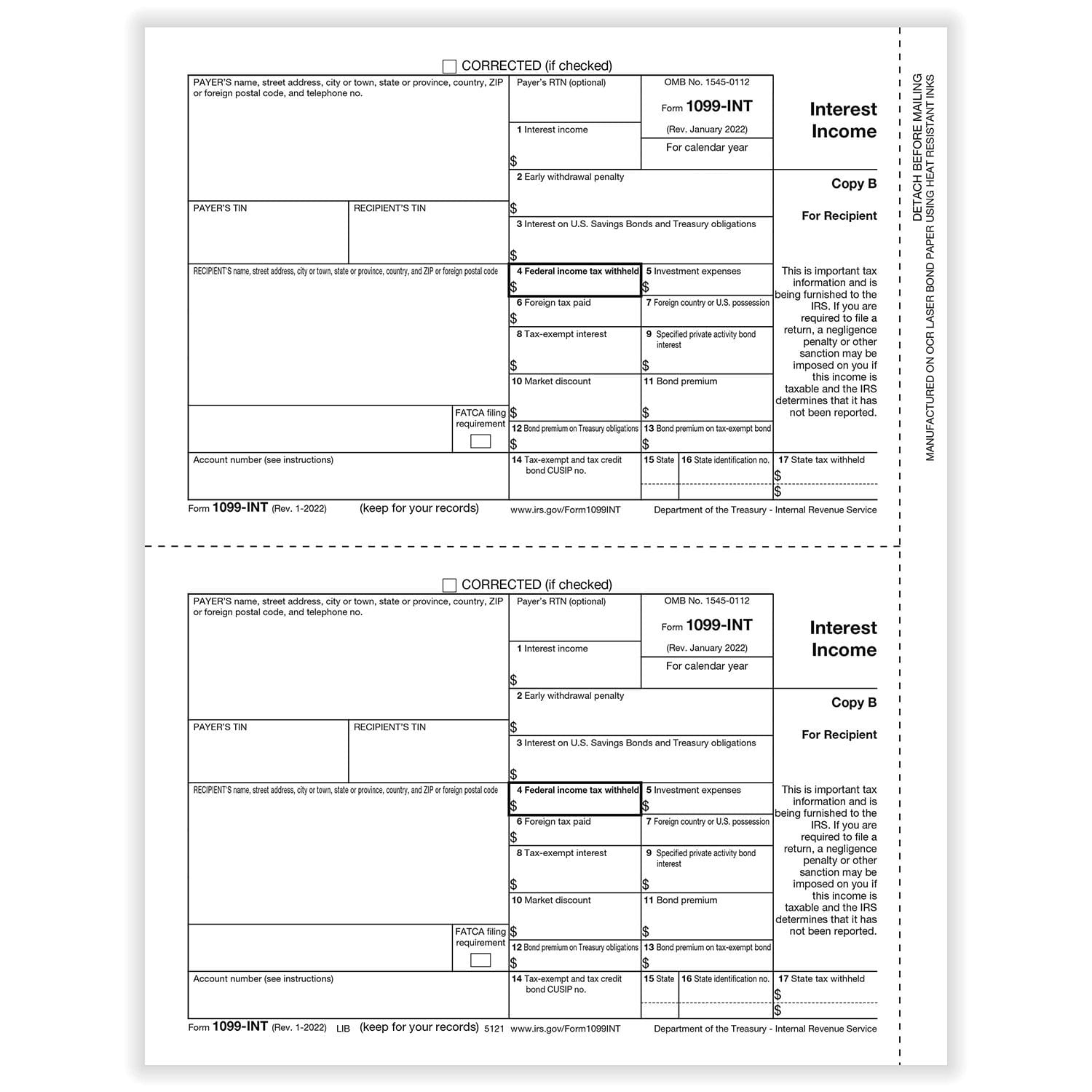1099-INT Recipient Copy B, 50 sheets, 2 forms per sheet, 100 forms