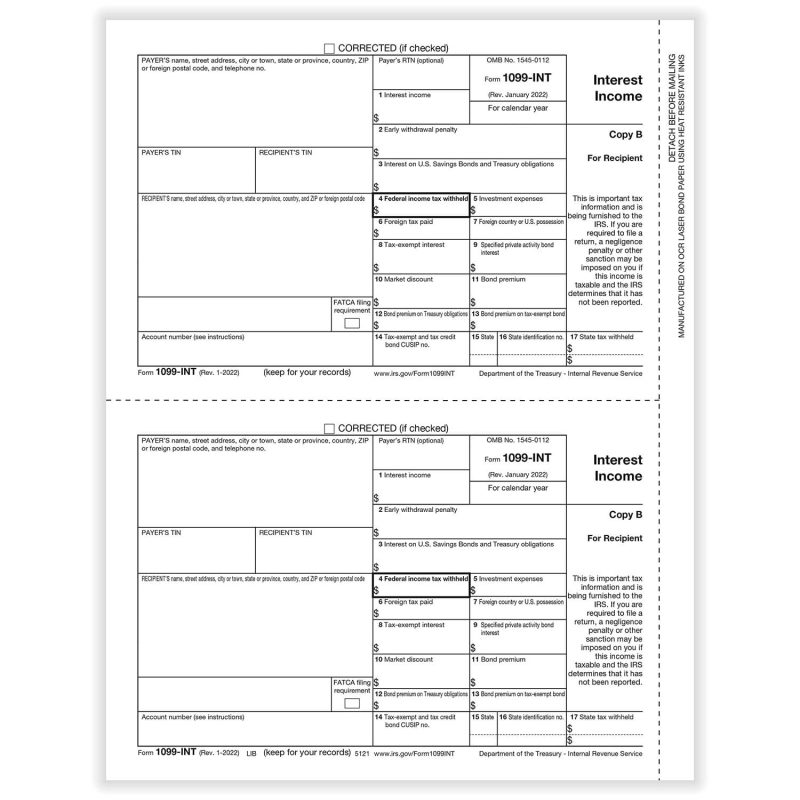 1099-INT Recipient Copy B, 500 sheets, 2 forms per sheet, 1000 forms