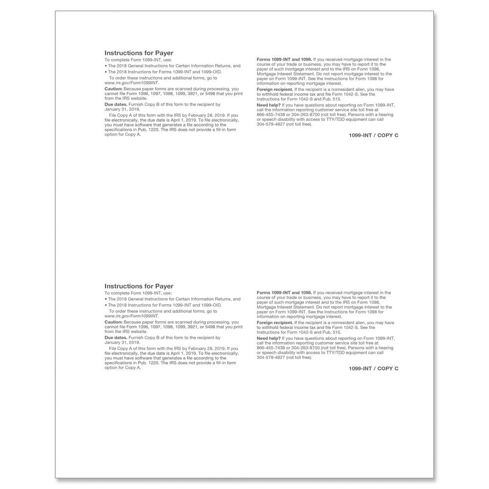1099-INT State and/or File Copy, 500 sheets, 2 forms per sheet, 1000 forms - Image 2