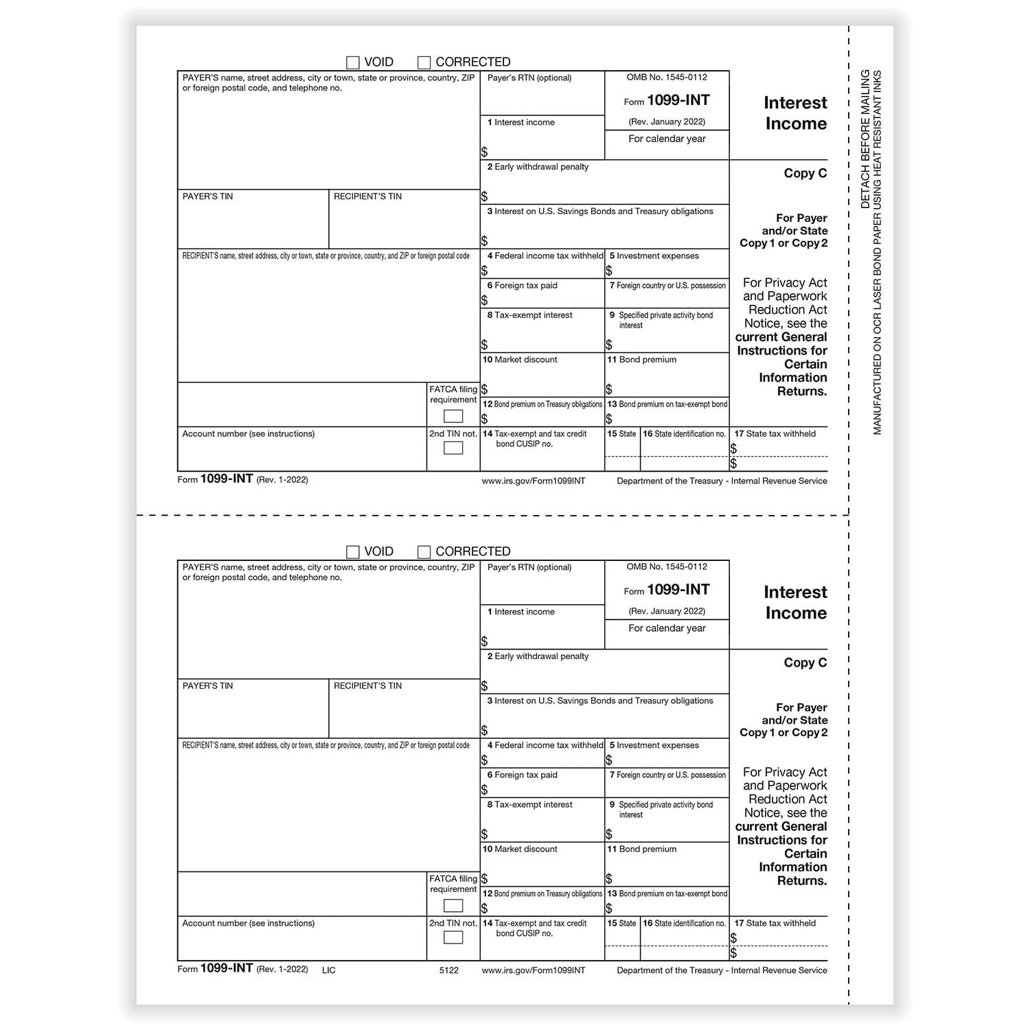 1099-INT State and/or File Copy, 500 sheets, 2 forms per sheet, 1000 forms