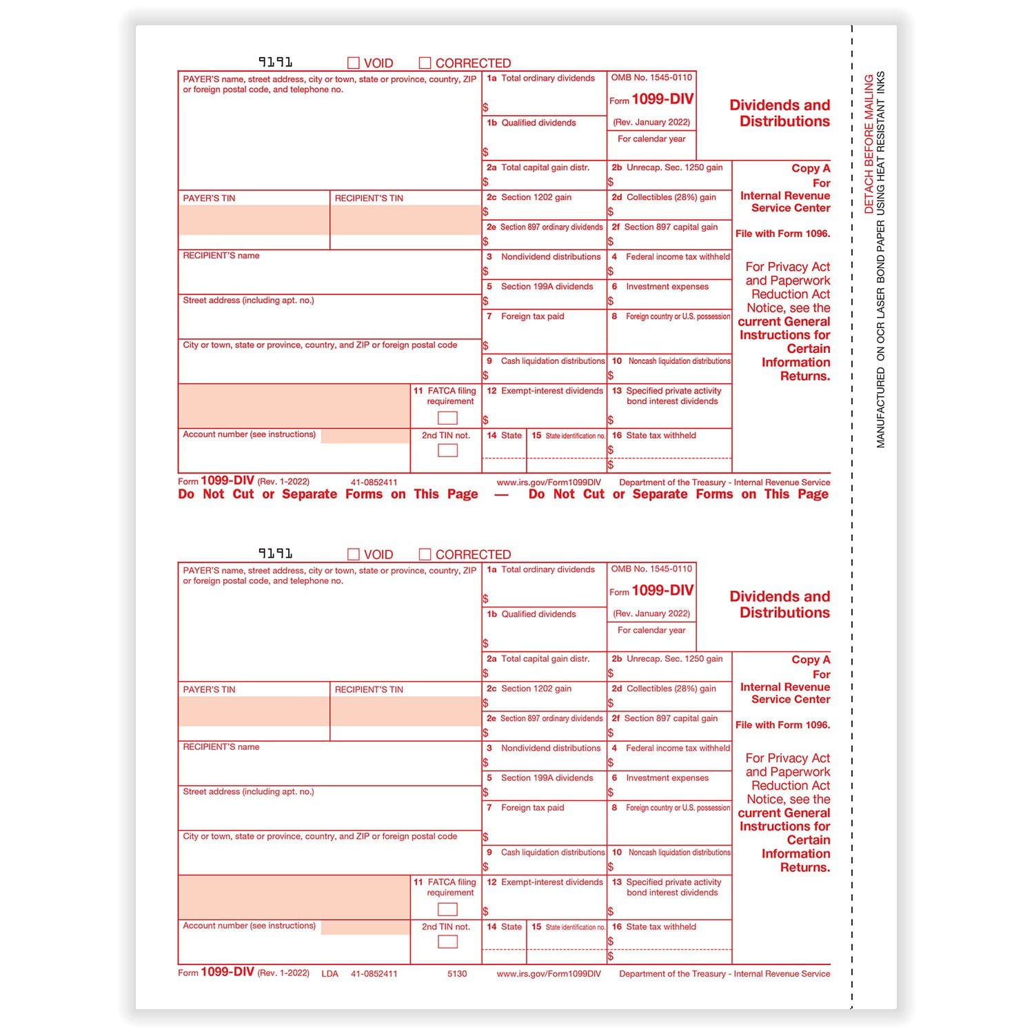 1099-DIV Federal Copy A, 25 sheets, 2 forms per sheet, 50 forms