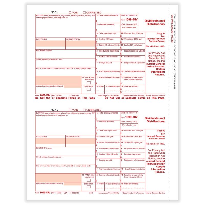 1099-DIV Federal Copy A, 500 sheets, 2 forms per sheet, 1000 forms