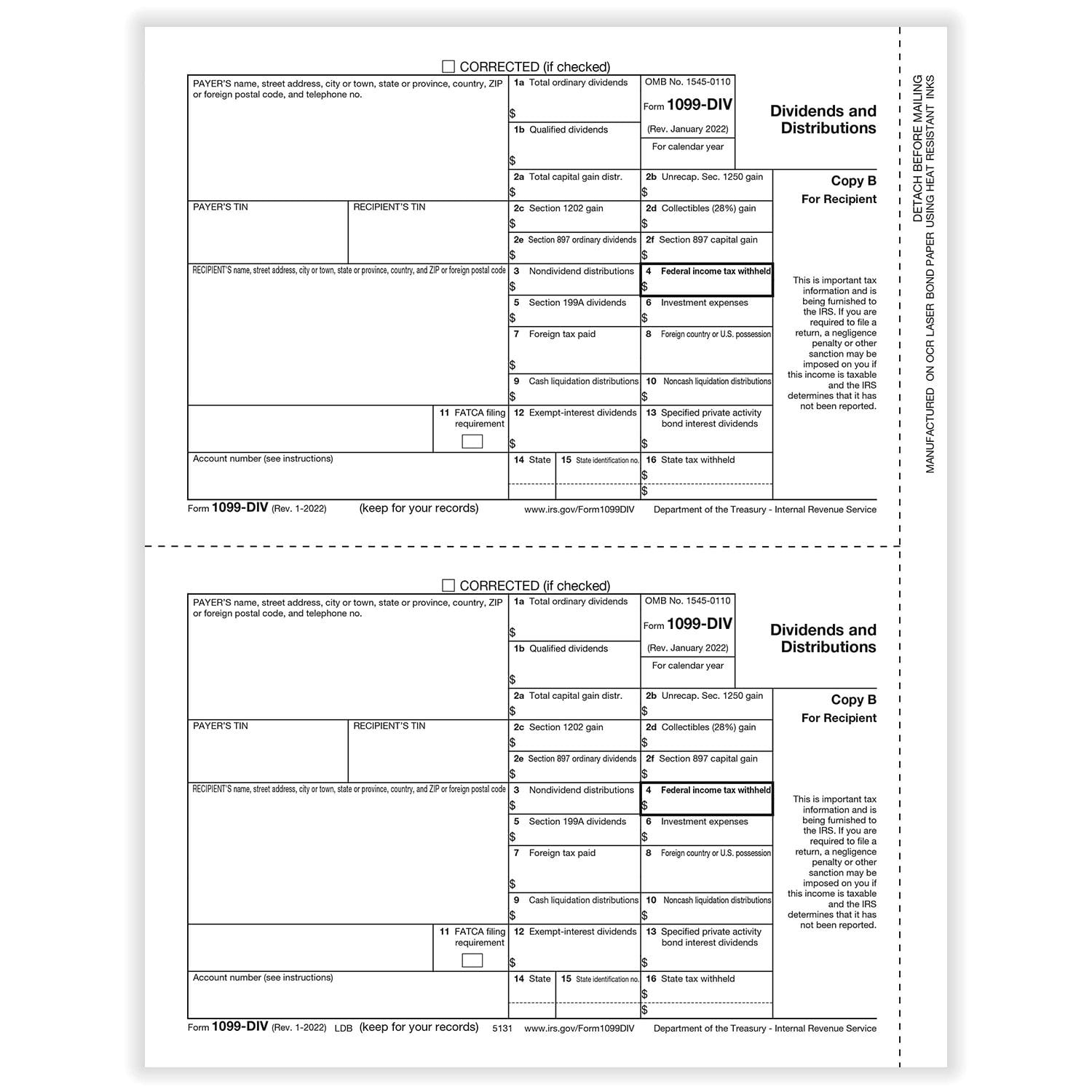 TFP 1099-DIV Recipient Copy B - Pack of 1000