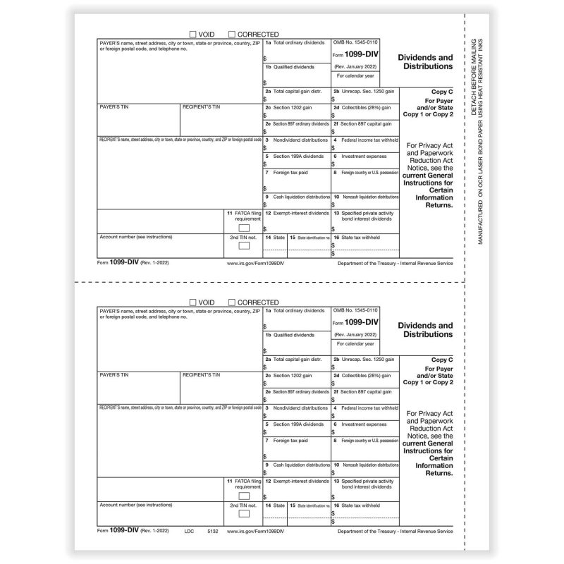TFP 1099-DIV Payer Copy C and/or State Copy - Pack of 100