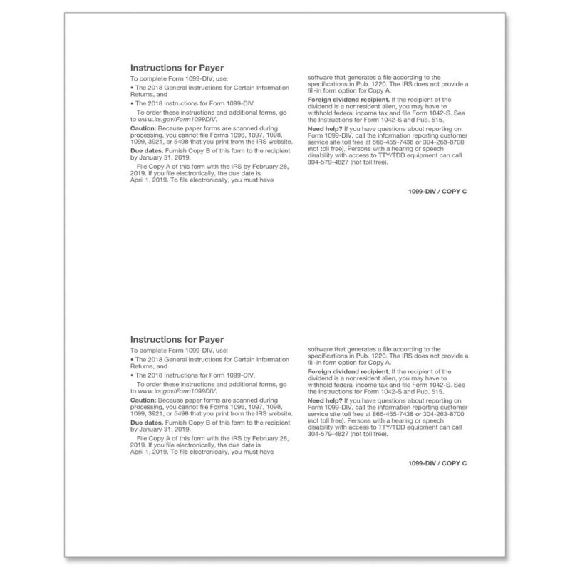 TFP 1099-DIV Payer Copy C and/or State Copy - Pack of 1000
