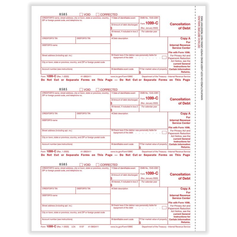 TFP 1099-C Federal Copy A - Pack of 100