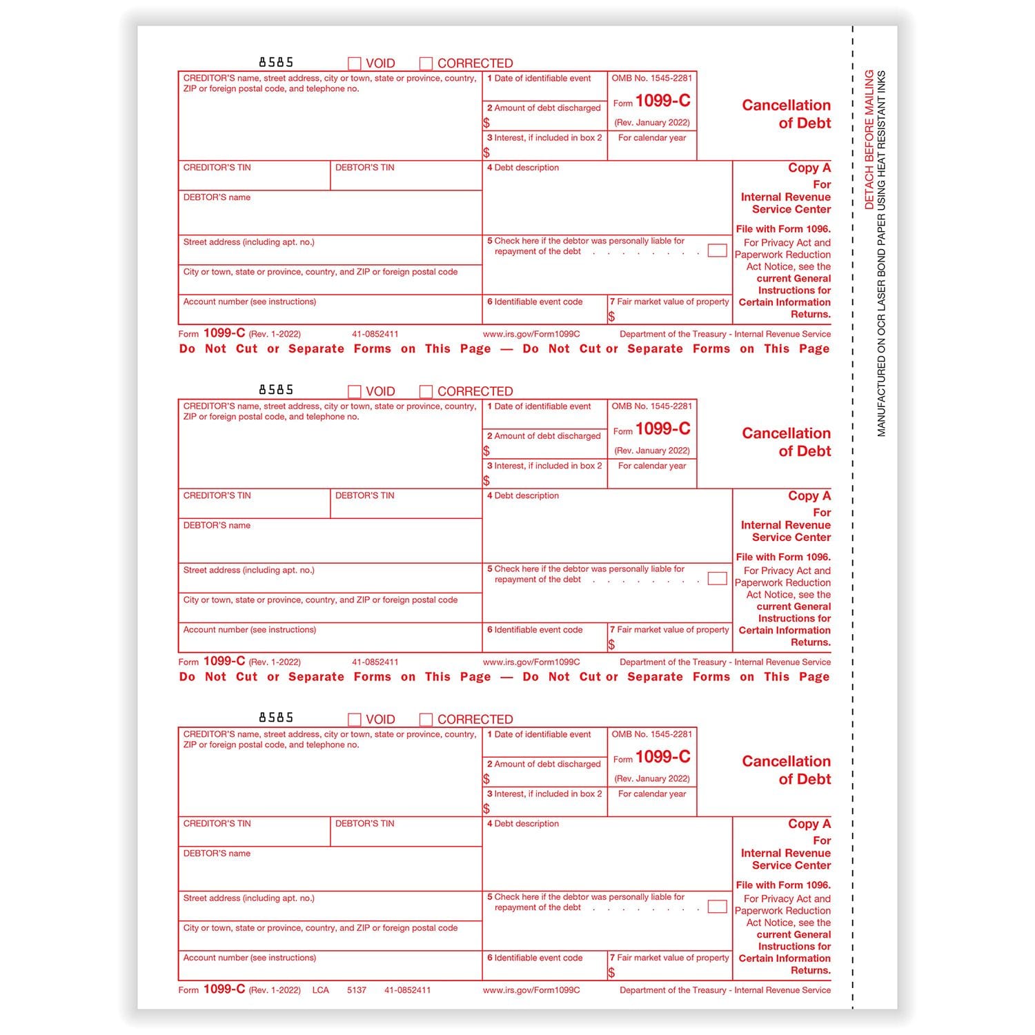 TFP 1099-C Federal Copy A - Pack of 100