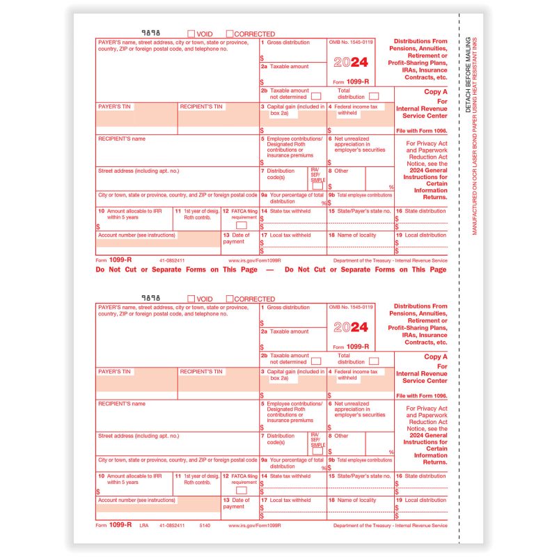 1099-R Federal Copy A, 500 sheets, 2 forms per sheet, 1000 forms