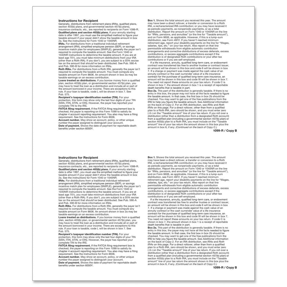 1099-R Recipient Copy B, 500 sheets, 2 forms per sheet, 1000 forms - Image 2