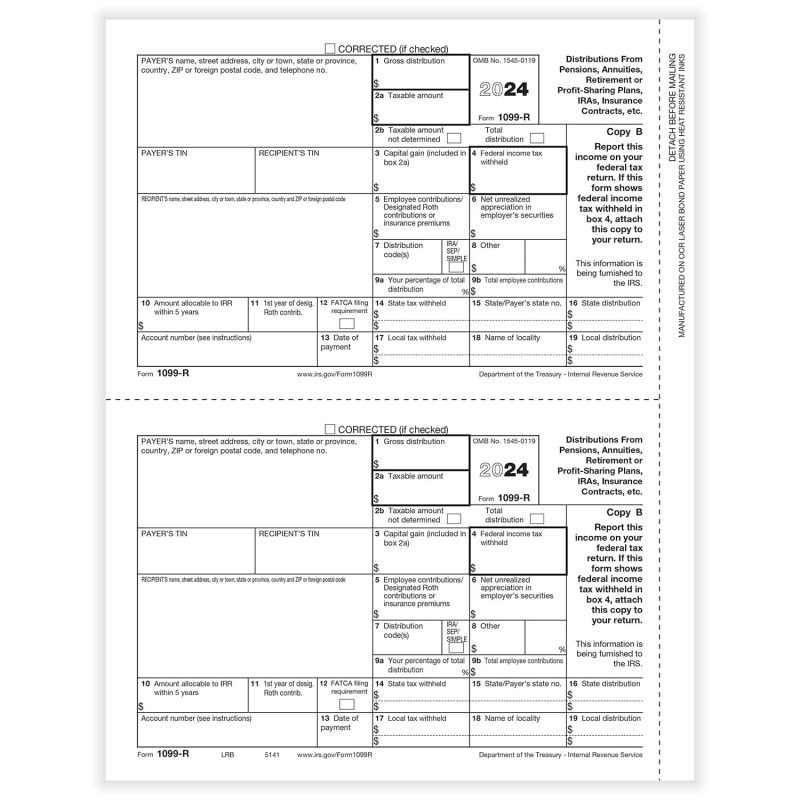 1099-R Recipient Copy B, 50 sheets, 2 forms per sheet, 100 forms