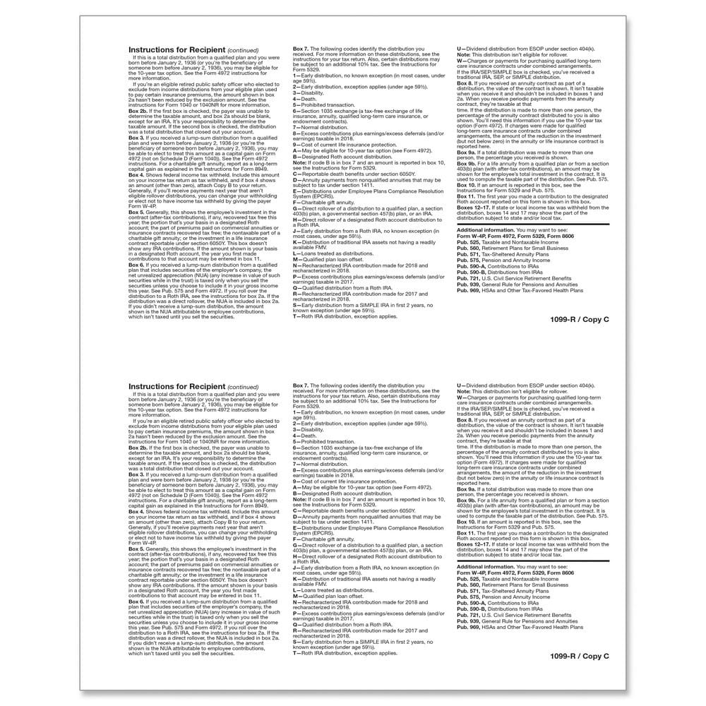 1099-R Recipient Copy C, 500 sheets, 2 forms per sheet, 1000 forms - Image 2