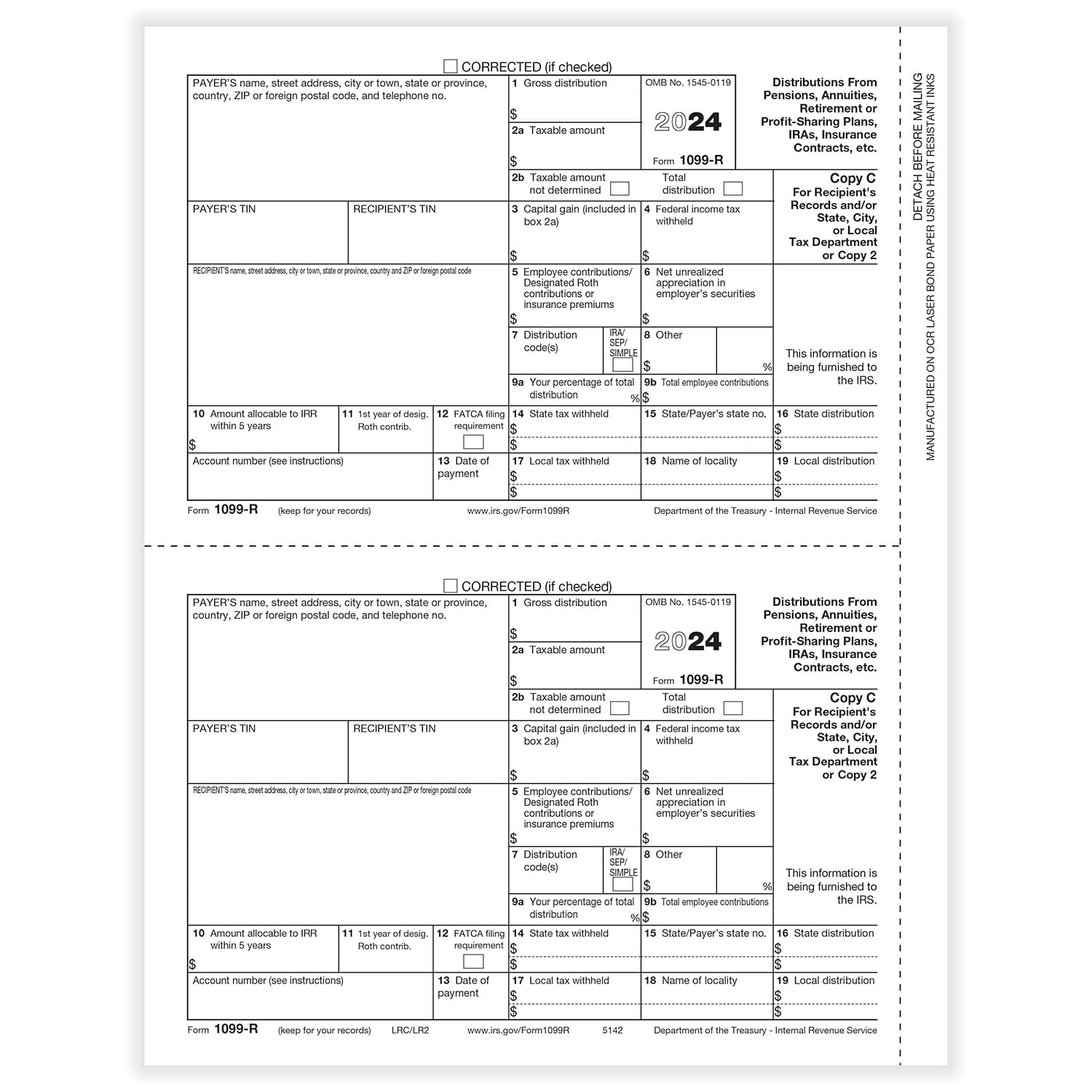 1099-R Recipient Copy C, 25 sheets, 2 forms per sheet, 50 forms