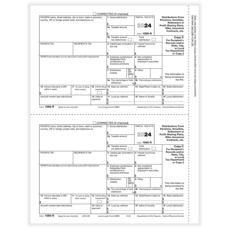 1099-R Recipient Copy C, 500 sheets, 2 forms per sheet, 1000 forms