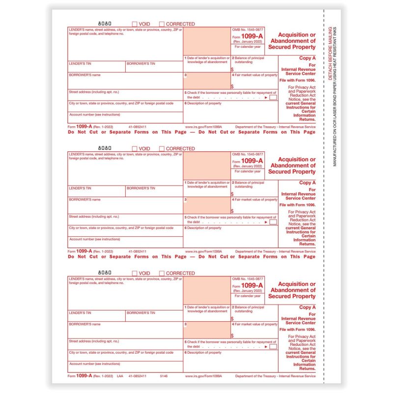 1099-A Federal Copy A, 50 sheets, 3 forms per sheet, 150 forms